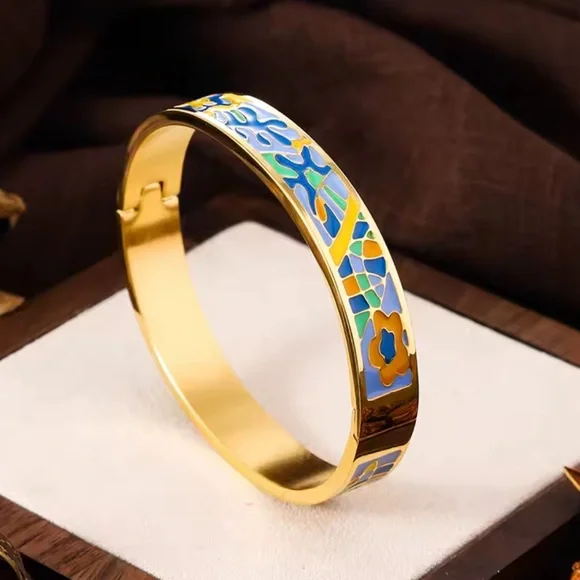 Multicolour Gold modern art blue and yellow Stainless steel cuff bracelet - Picture 3 of 10